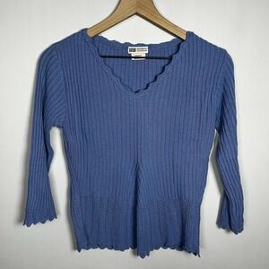 Vintage Faded Glory Sweater Women Size Medium Blue V-Neck Trim Detail Knit Top
